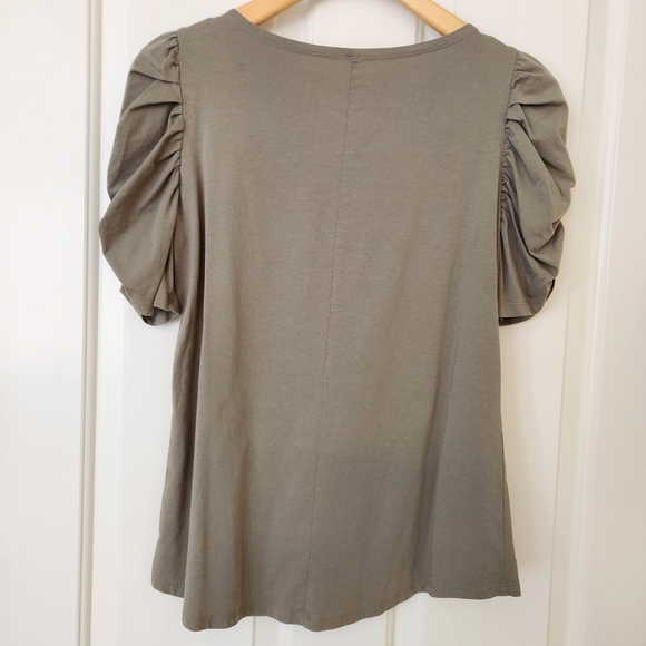 Elegant Tees Top Olive Green Ruched Sleeves Short Sleeve Scoop Neck Large - Picture 4 of 12